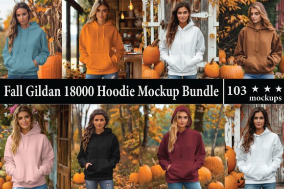Fall Gildan 18000 Hoodie Mockup Bundle for Product Mockups and Graphics