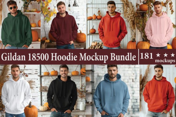 Gildan 18500 Hoodie Mockup Bundle for Product Mockups and Graphics